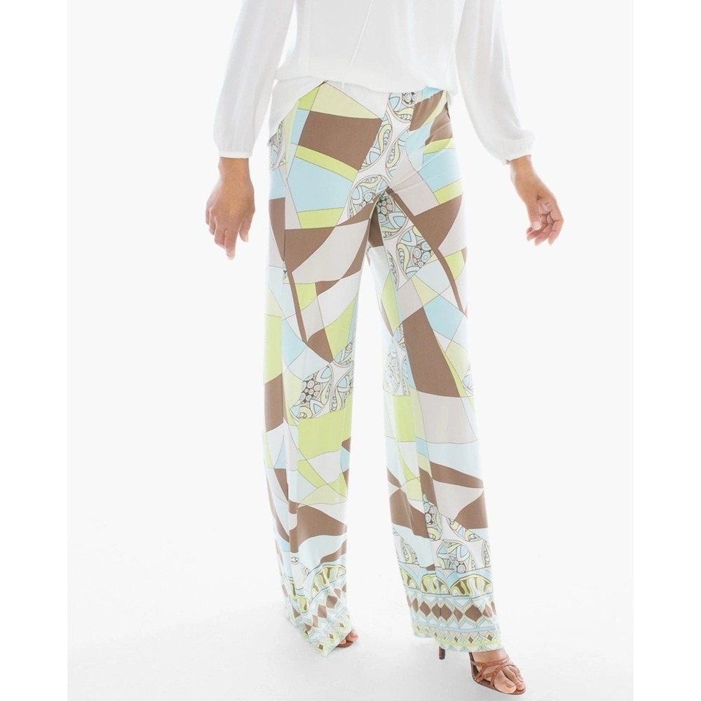 Chicos Geometric Abstract Wide Leg Palazzo Pants Brown Lime Blue Womens Size 1 M